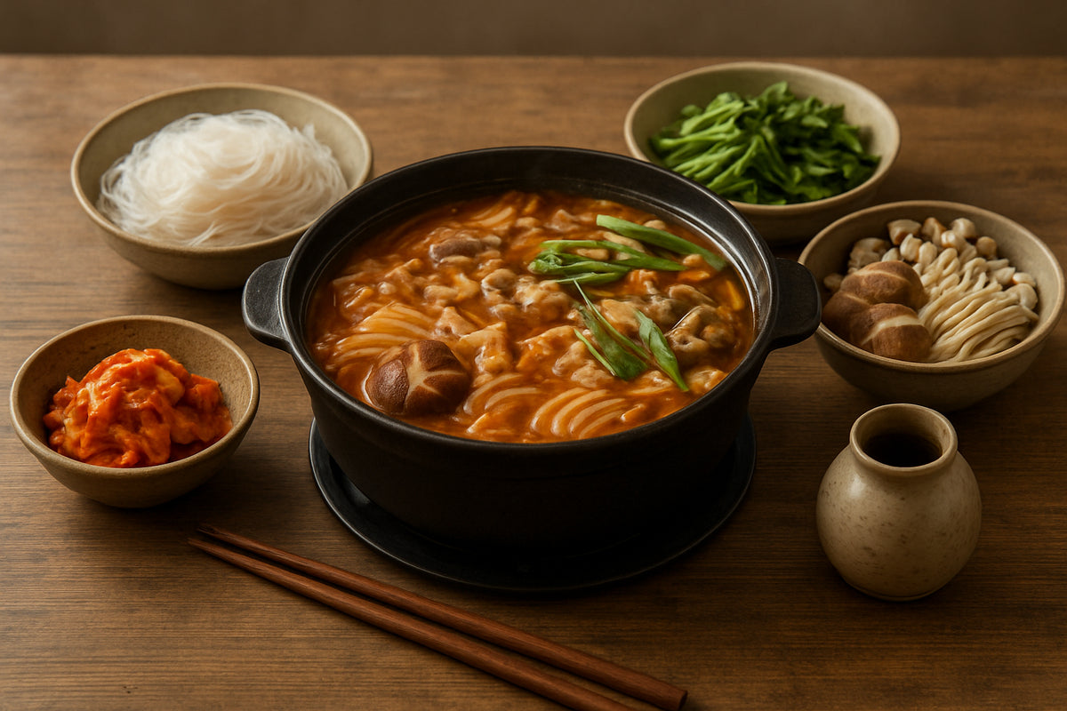 Koreanischer Hot Pot mit Longkou Vermicelli, frischem Gemüse und traditionellen Beilagen auf einem Holztisch