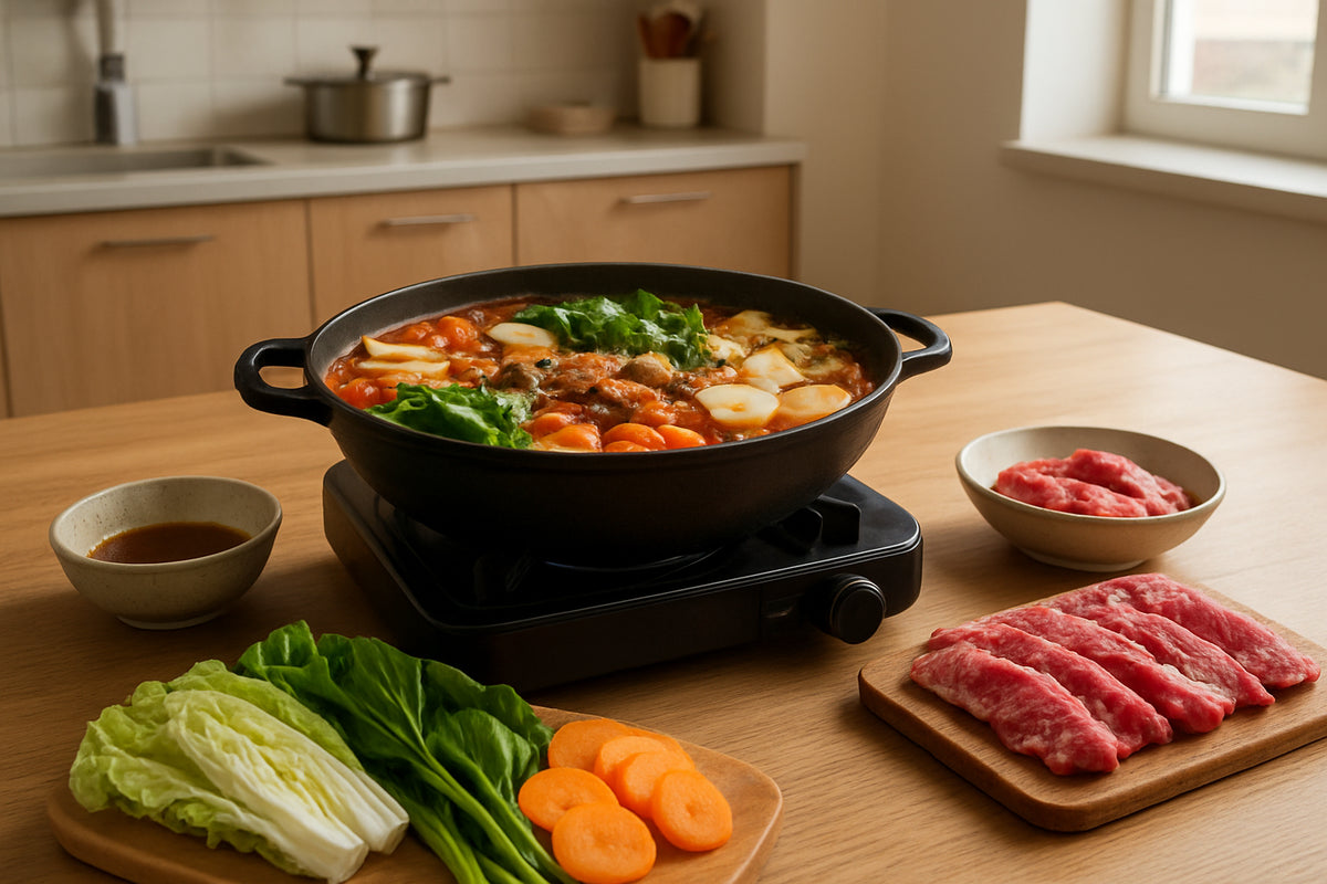 Koreanische Küche mit Hot Pot, frischem Grillgut und Sesamöl in einer Schale auf Holztisch