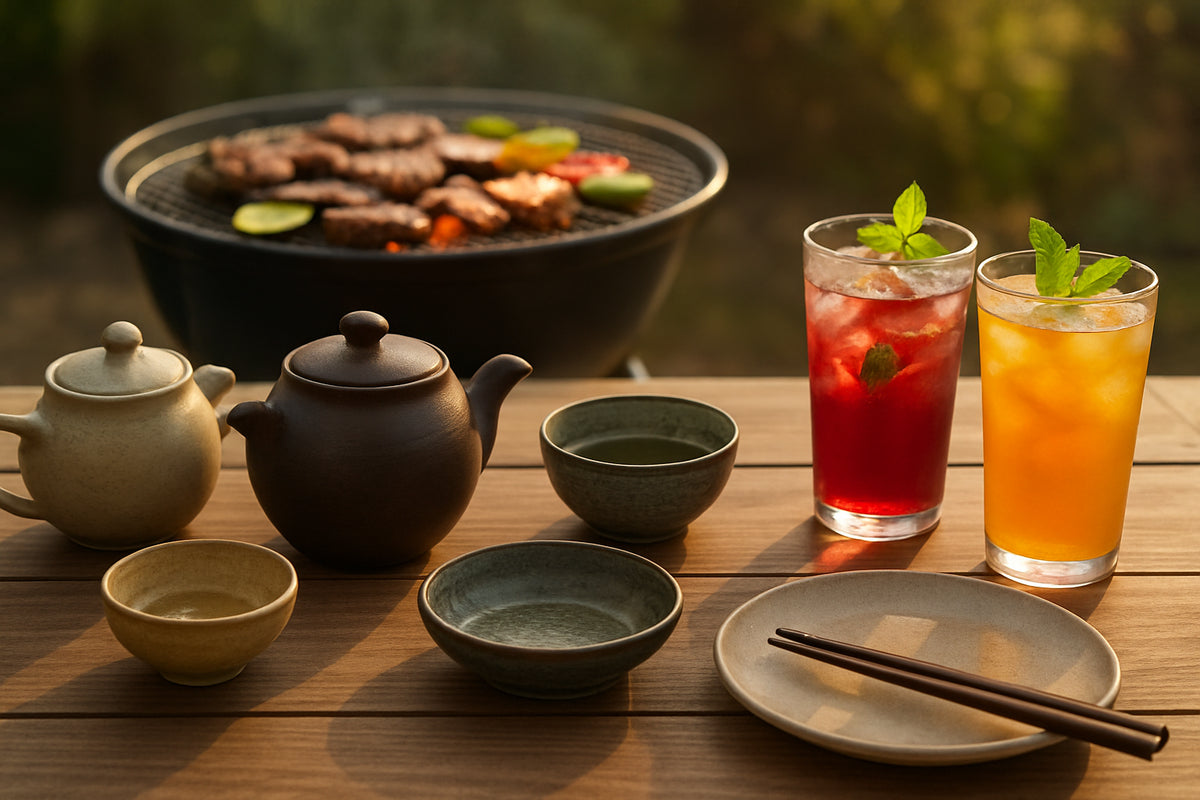 Koreanischer Grillabend mit traditionellen asiatischen alkoholfreien Getränken und stilvollem Geschirr im Freien