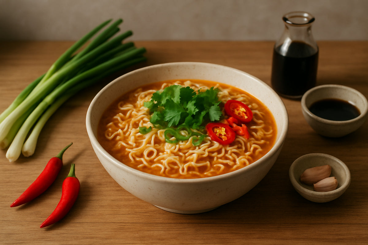 Schüssel mit asiatischen Instant-Nudeln und frischem Gemüse in einer natürlichen Küchenszene