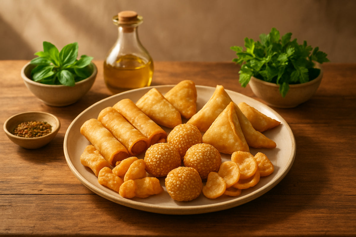 Asiatische Snacks kombiniert mit mediterranen Zutaten auf einem Holztisch in einer natürlichen Küchenszene