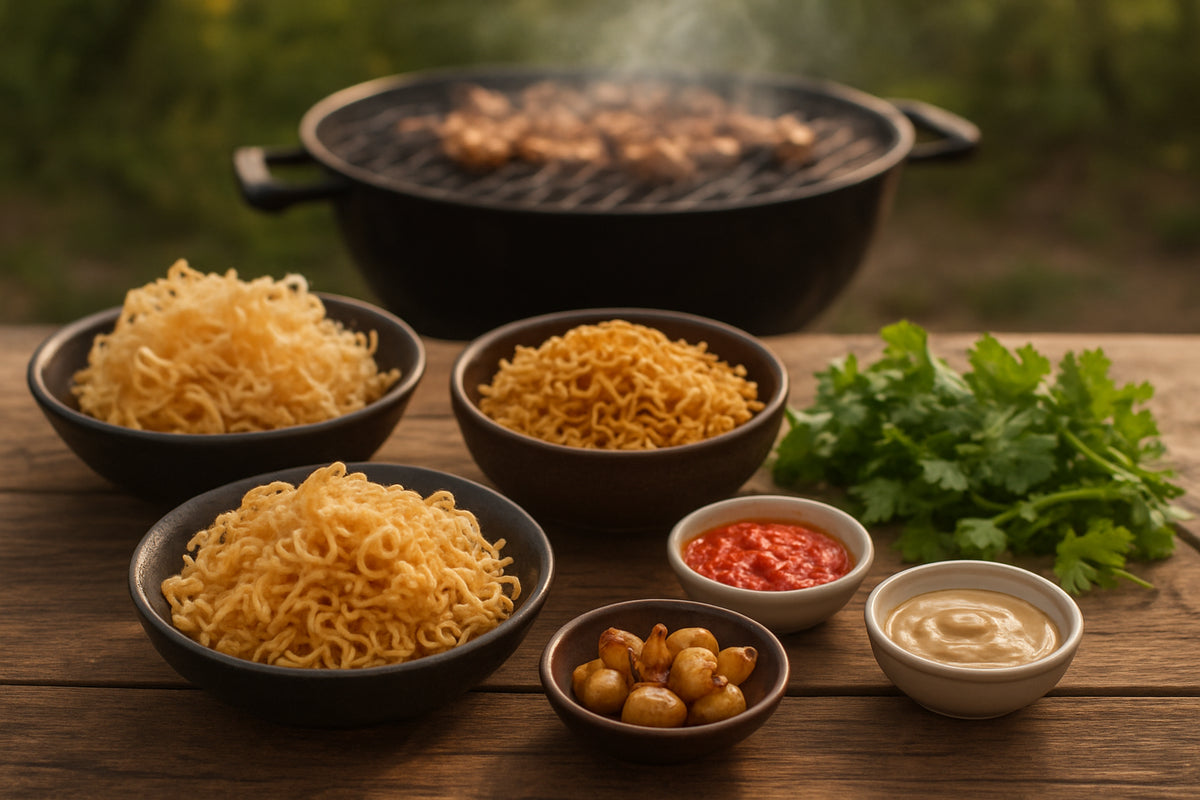 Asiatische Snacks und Dips auf einem Holztisch bei einem entspannten Grillabend im Freien