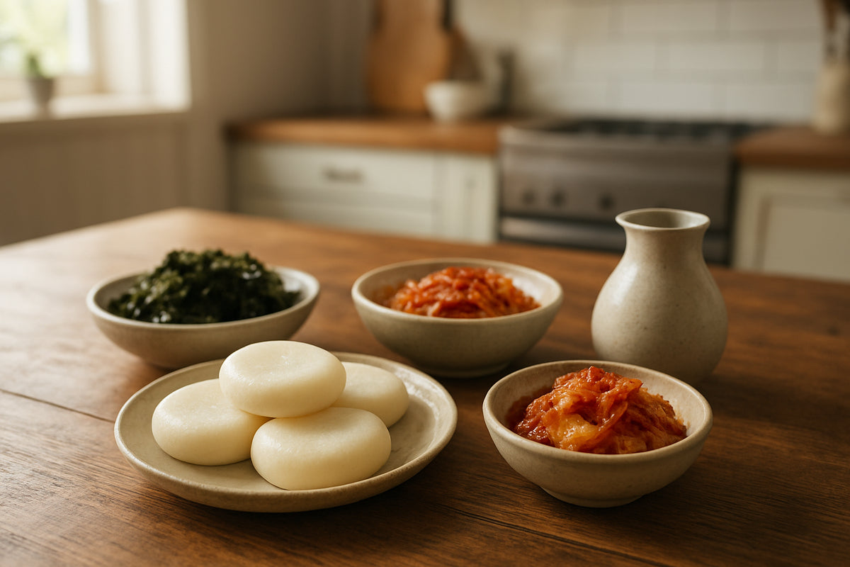 Verschiedene koreanische Snacks auf einem Holztisch mit Keramikkanne Sojasauce in einer natürlichen Küche