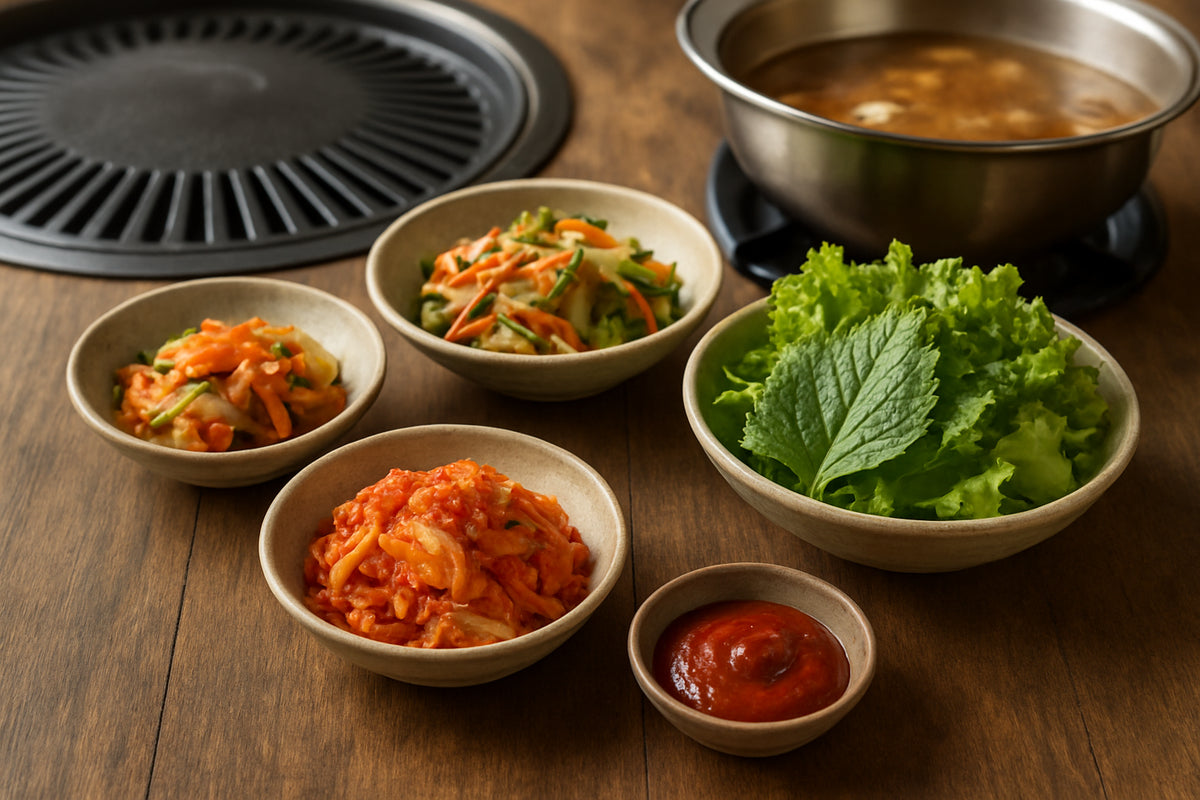 Koreanische Beilagen und Zutaten für Hot Pot und Grill auf einem Holztisch arrangiert
