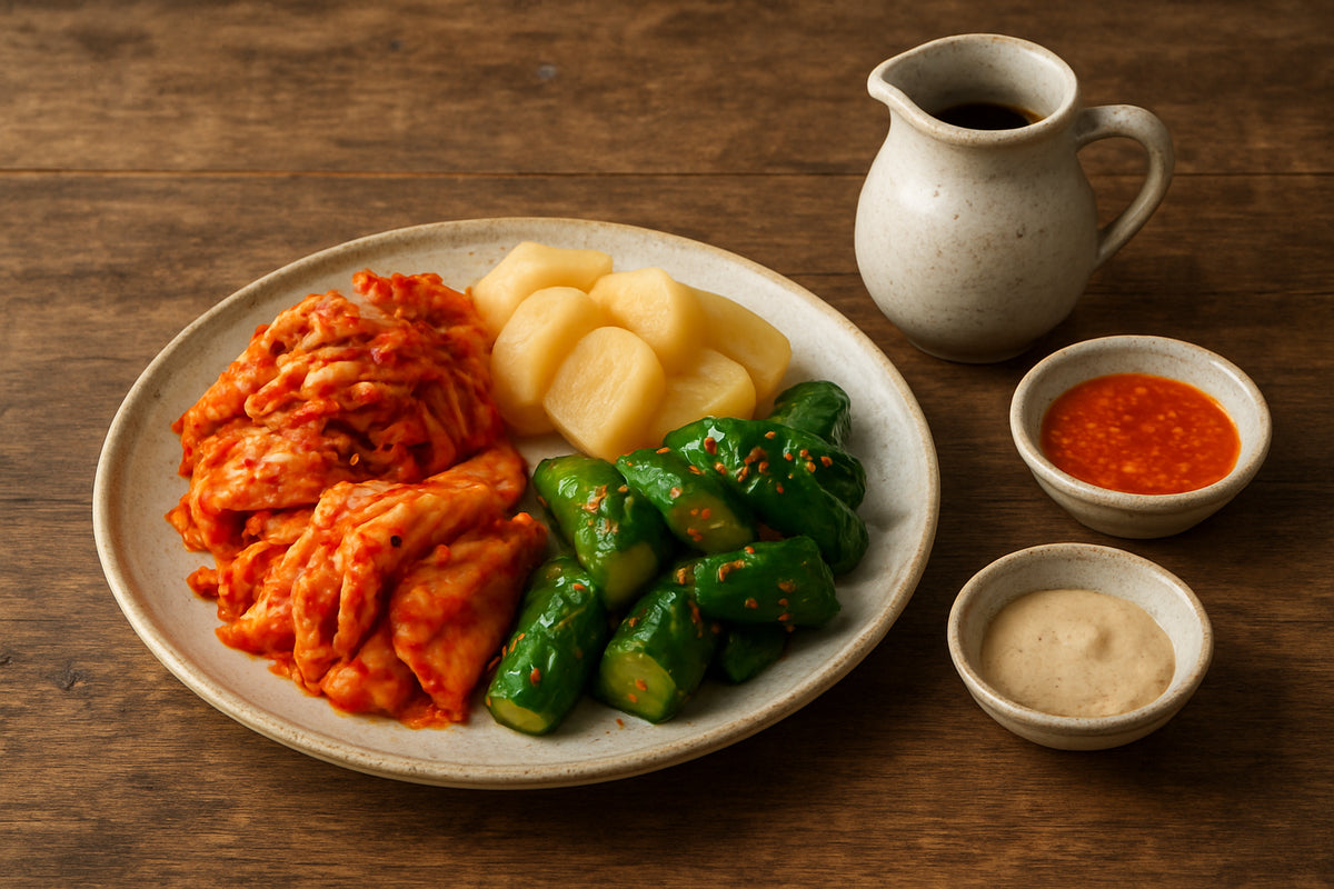 Koreanische Pickles auf einem Teller mit Sojasauce in einer natürlichen Küchenszene
