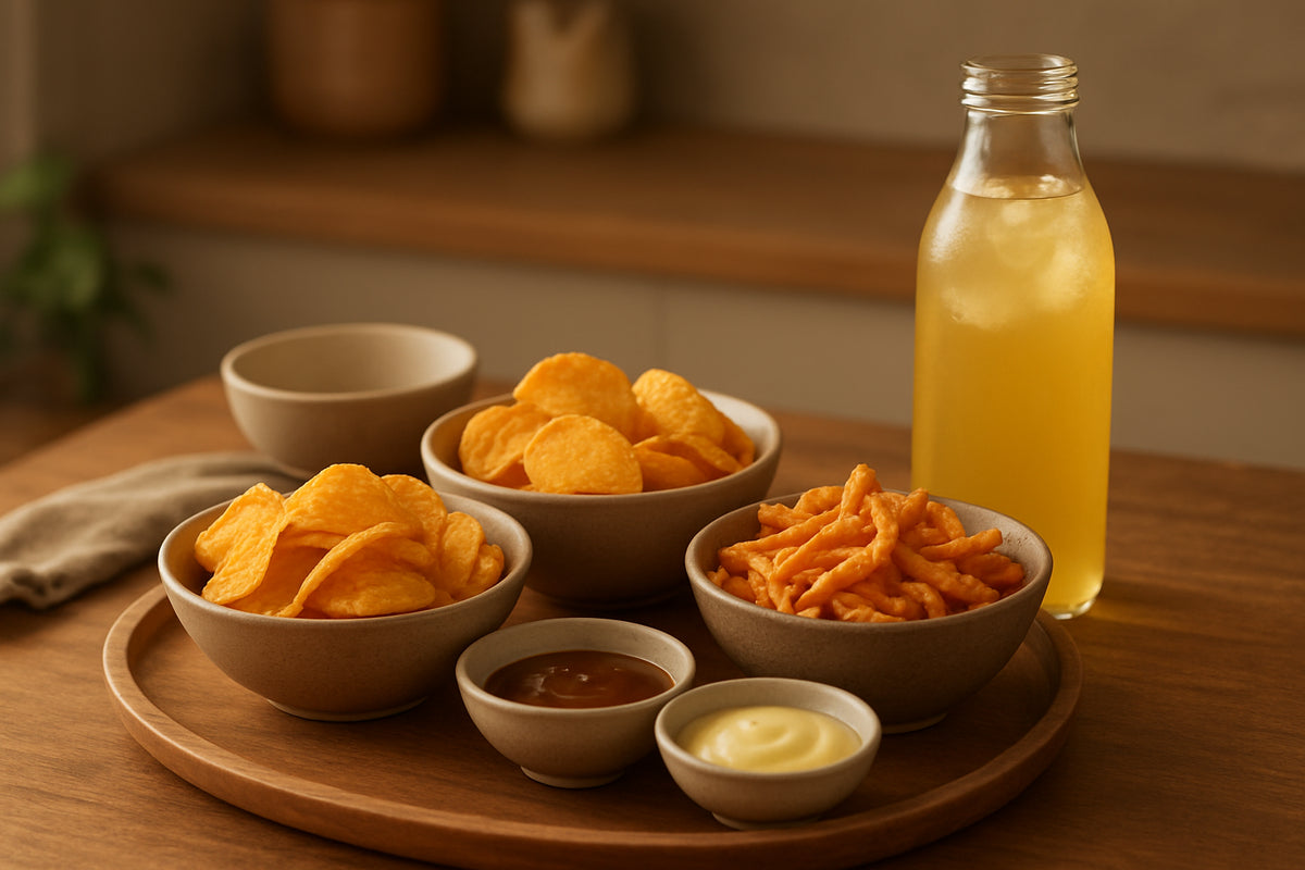 Asiatische Snacks und Yuzu-Eistee auf Holztablett in gemütlicher Küchenszene