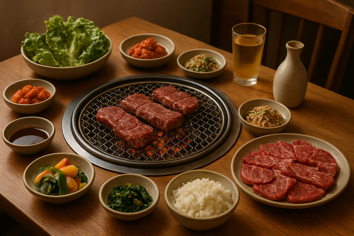 Koreanischer Barbecue-Tisch zu Hause mit Grill, Beilagen und Getränken in gemütlicher Atmosphäre