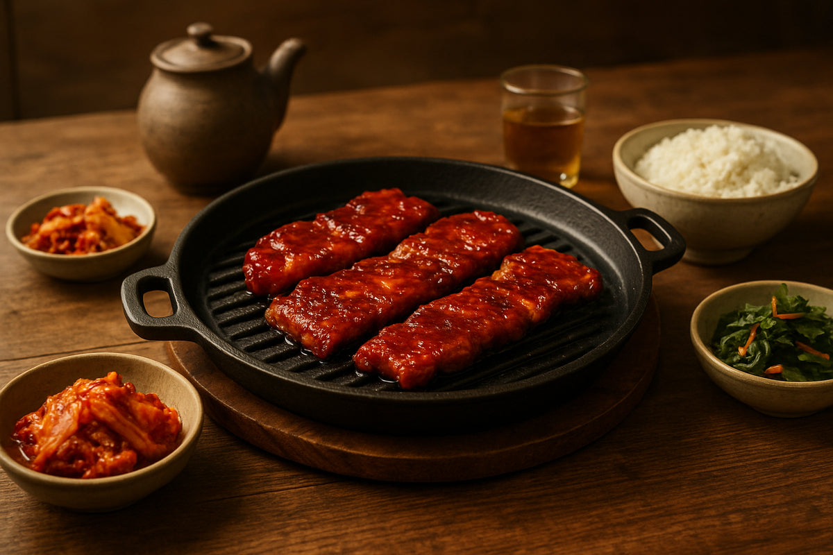 Koreanisches BBQ zuhause mit Grillpfanne, mariniertem Fleisch und traditionellen Beilagen auf einem Holztisch