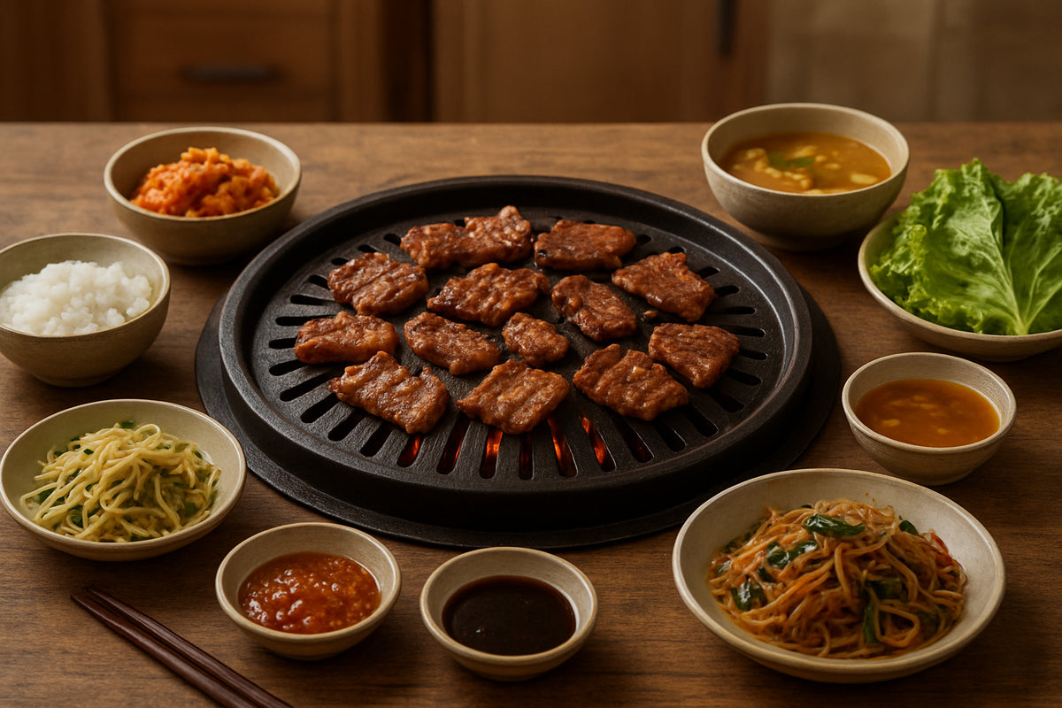 Koreanischer Grilltisch mit gegrilltem Fleisch, Kimchi, eingelegtem Gemüse und traditionellen Schalen in einer natürlichen Küchenszene