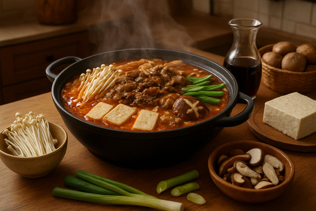 Koreanischer Hot Pot mit frischen Zutaten in einer heimischen Küchenszene