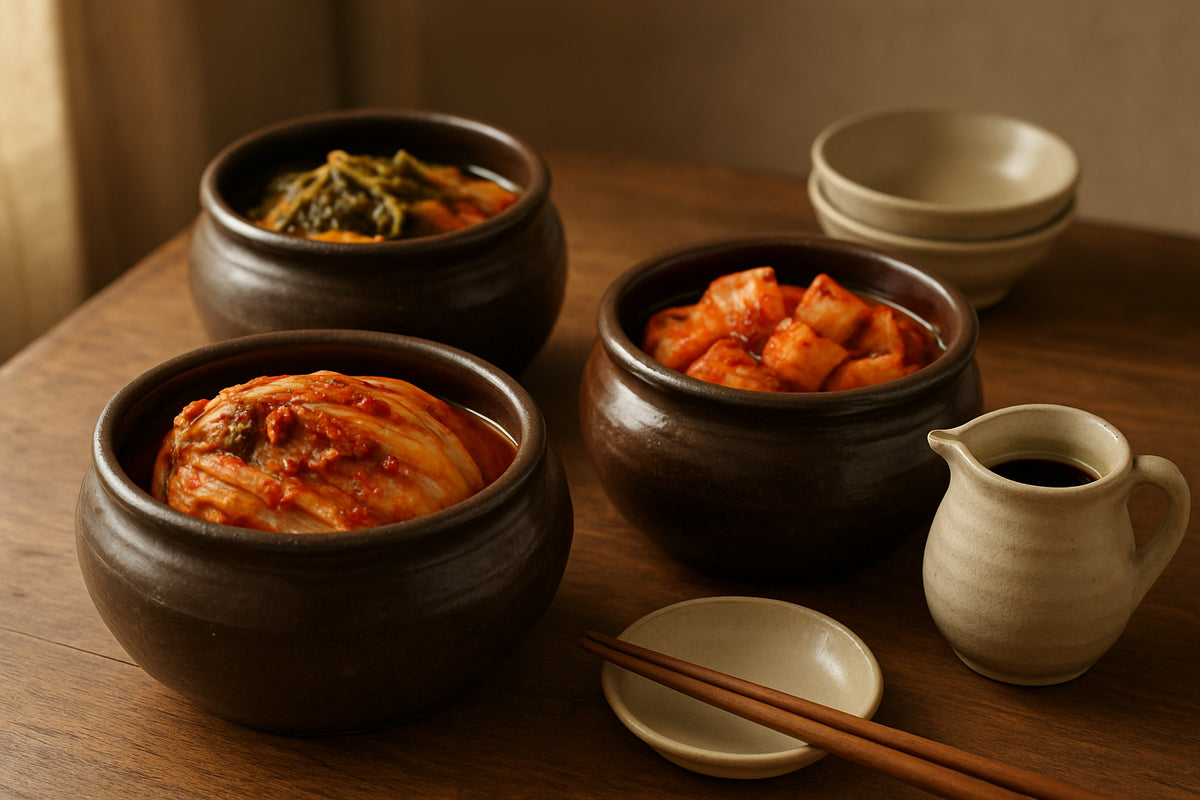 Traditionelle koreanische Fermentationsgefäße mit fermentiertem Gemüse und koreanischem Geschirr in natürlicher Küchenszene