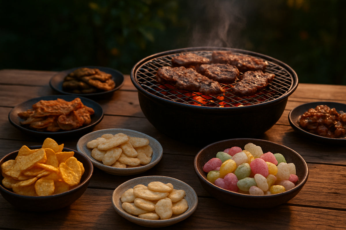Koreanischer Grillabend mit asiatischen Snacks und traditionellen Grillgerichten auf einem Holztisch im Freien