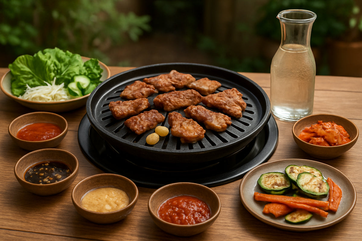 Koreanischer Grilltisch mit gegrilltem Fleisch, Gemüse, Soßen und alkoholfreien Getränken in natürlicher Atmosphäre