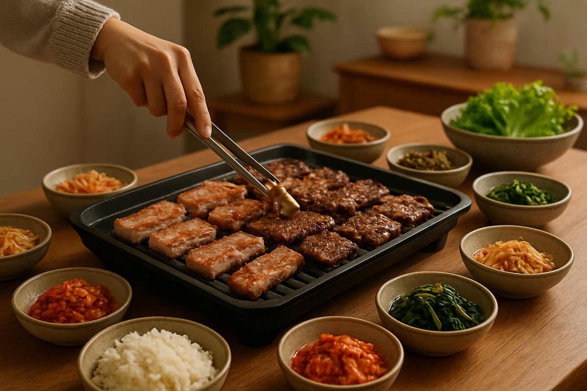 Koreanische Grillparty zuhause mit Tischgrill und vielfältigen Beilagen in einer gemütlichen Küchenszene