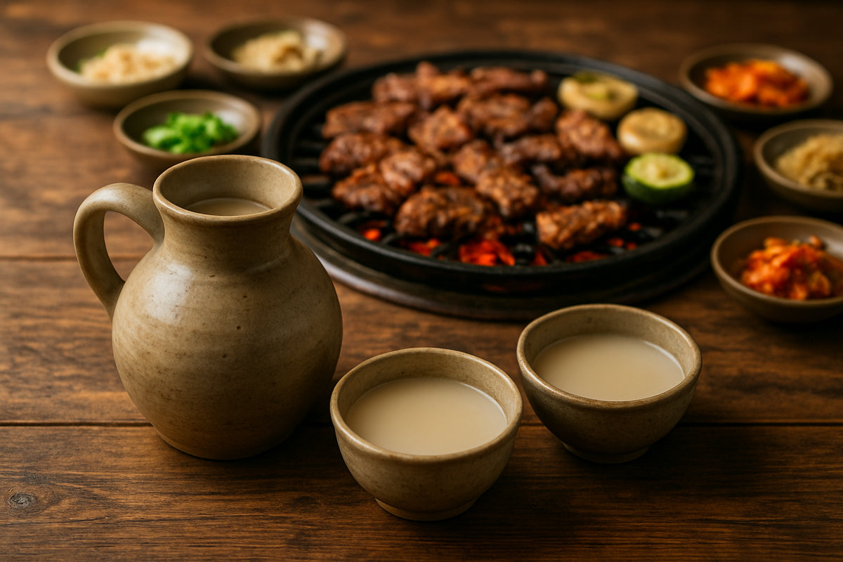 Koreanischer Grillabend mit einer traditionellen Keramikkanne Makgeolli und gegrilltem Fleisch und Gemüse auf Holzkohlegrill