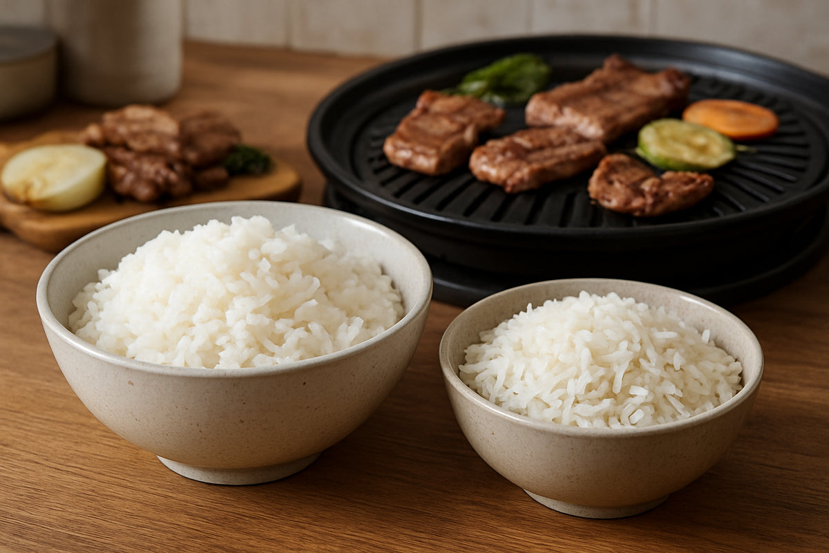 Schalen mit verschiedenen Reissorten und koreanischer Grill im Hintergrund in einer natürlichen Küchenszene