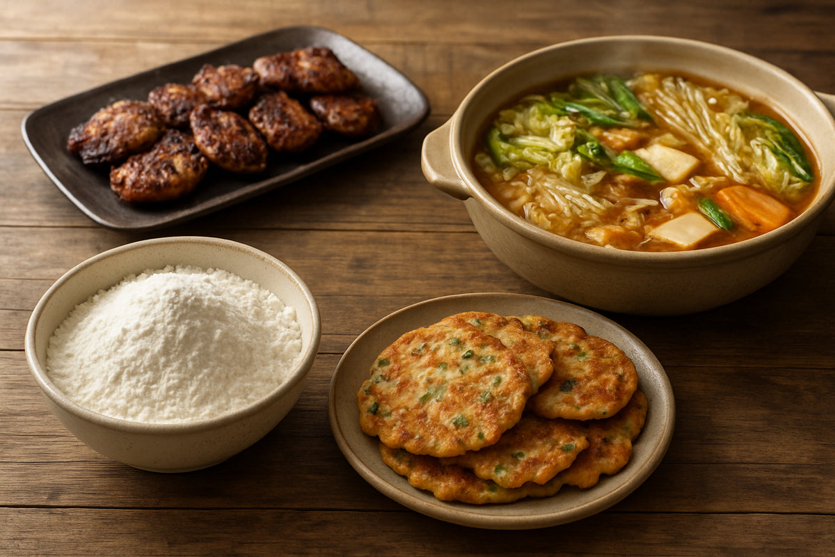 Asiatische Küchenszene mit Reismehl und typischen koreanischen Snacks und Grillbeilagen auf Holztisch