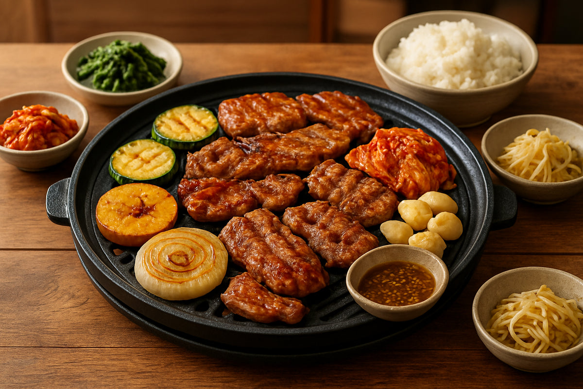 Koreanischer Grilltisch mit gegrilltem Fleisch, Gemüse und Sesamöl-Dips in natürlicher Küchenszene