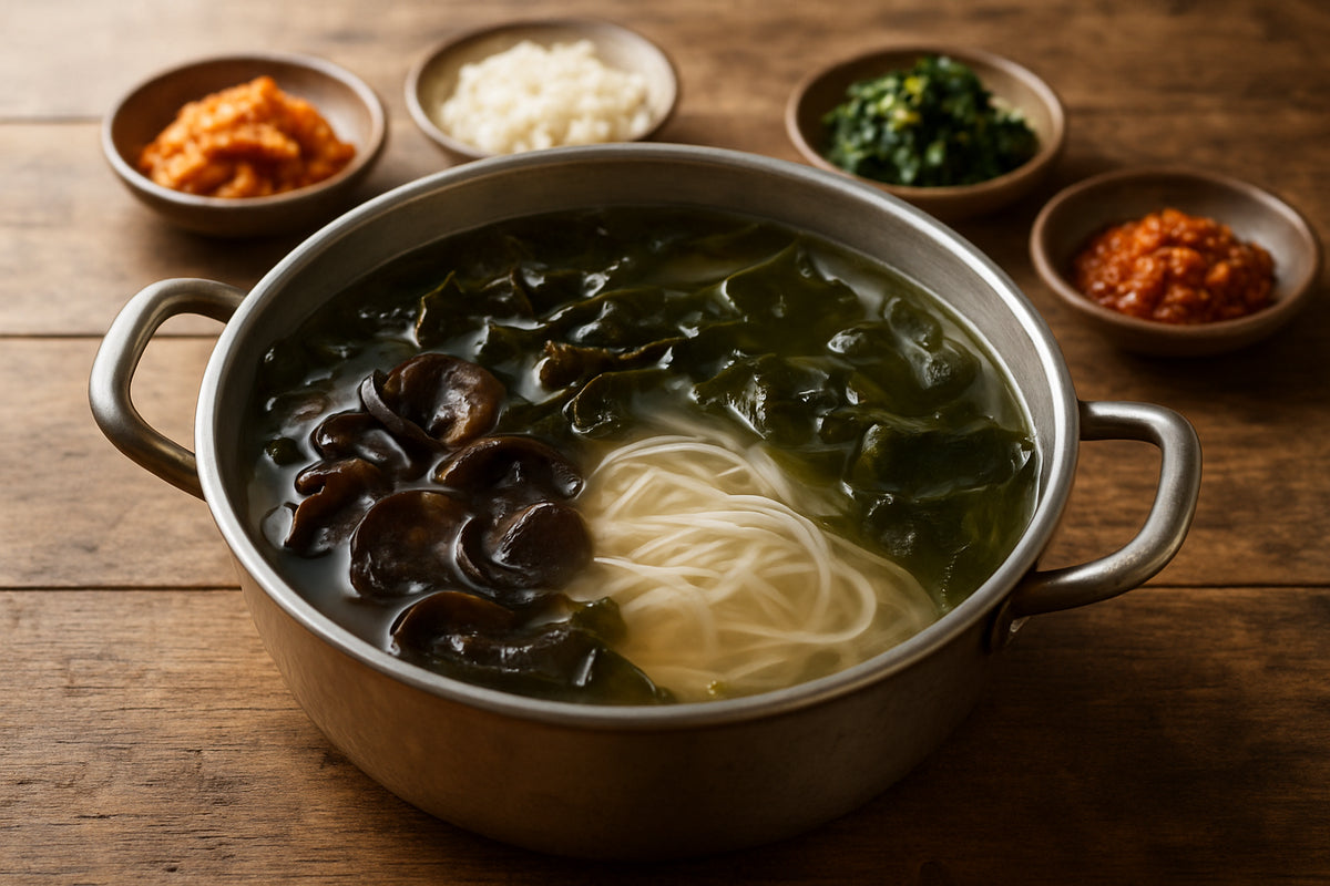 Koreanischer Hot Pot mit Pilzen, Seetang und Reisbandnudeln in einer gemütlichen Küchenszene