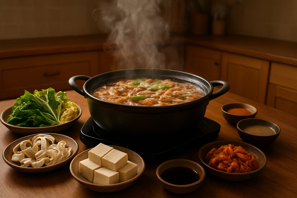 Traditioneller koreanischer Hot Pot mit frischen Zutaten in einer einladenden Küchenszene