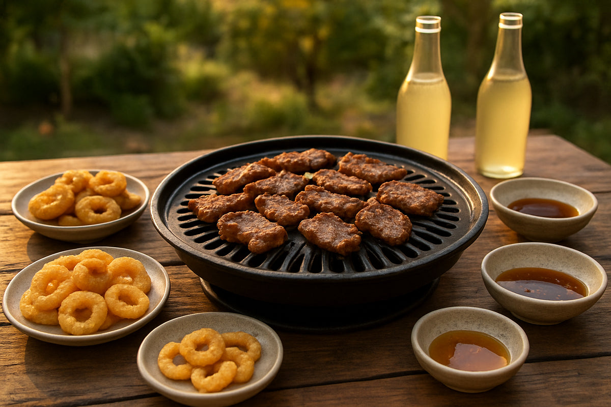 Koreanischer Grillabend mit gegrilltem Fleisch, koreanischen Snacks und traditionellen Getränken im Freien auf Holztisch.