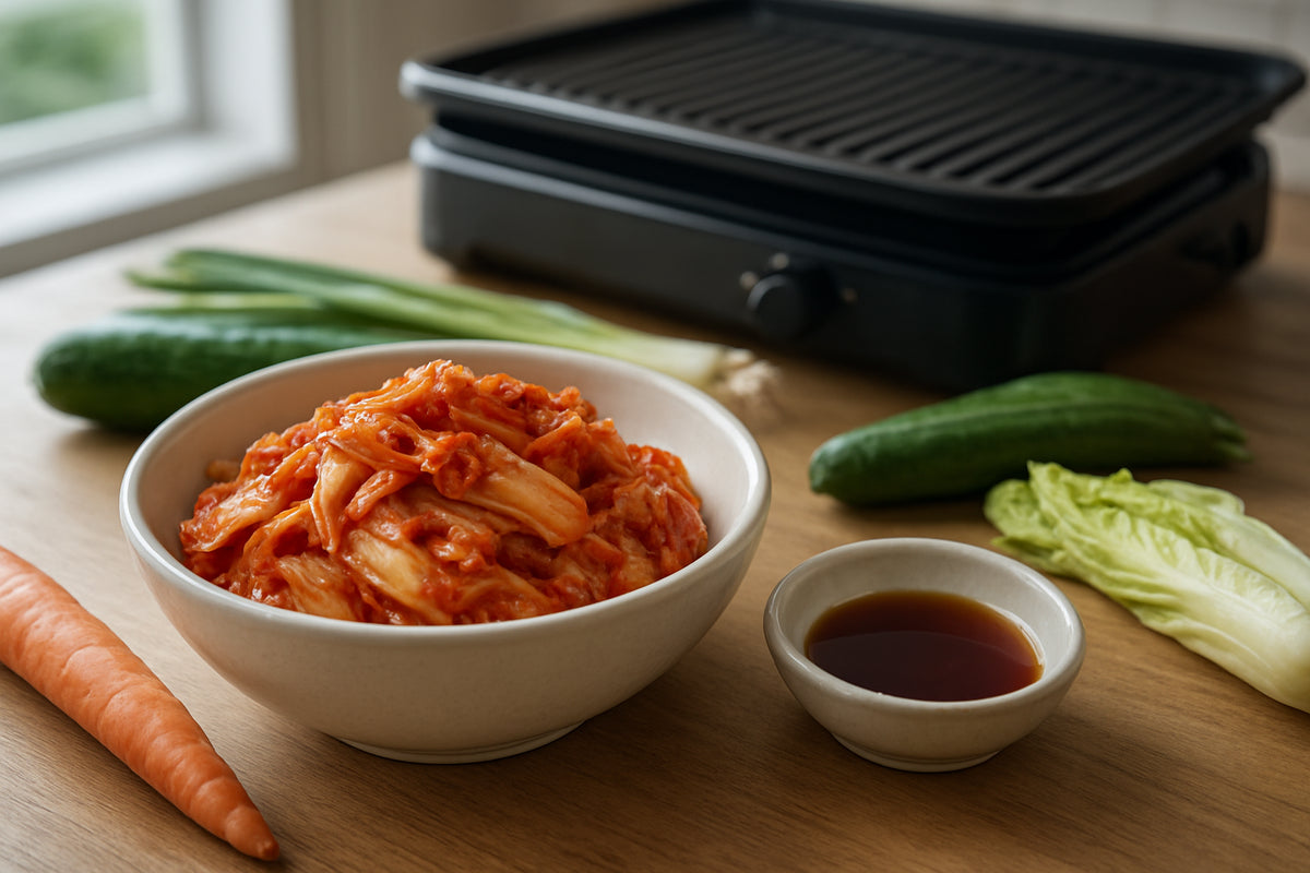 Frisch fermentiertes Kimchi in einer Schale mit Sesamöl und frischem Gemüse in einer natürlichen Küchenszene