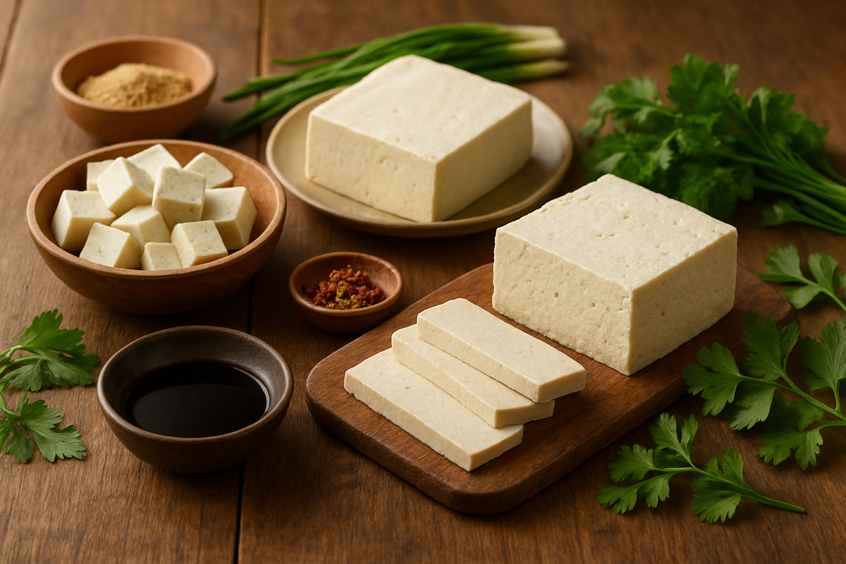 Verschiedene Tofu-Sorten auf einem Holztisch mit frischen Kräutern und asiatischen Gewürzen in einer natürlichen Küchenszene