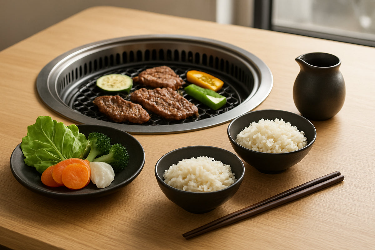 Asiatischer Grilltisch mit gegrilltem Fleisch, Jasmin- und Sushireis, Essstäbchen und Sojasoße in schlichter Kanne