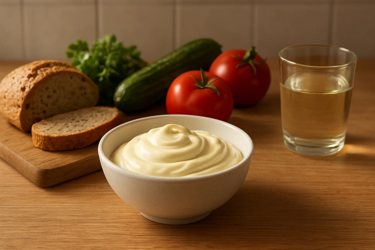 Schüssel mit cremiger Mayonnaise neben frischem Gemüse und Brot in einer natürlichen Küchenszene