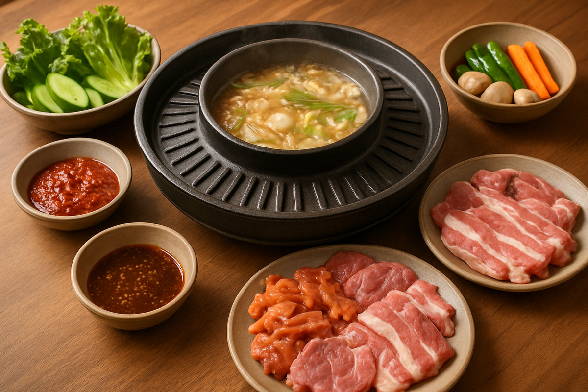 Koreanischer Grill und Hot Pot mit verschiedenen Chilisaucen und frischen Zutaten auf einem Holztisch