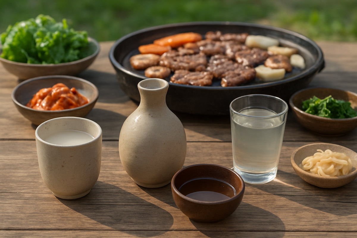 Koreanische Getränke und Grillgerichte auf einem rustikalen Holztisch bei einem Grillabend im Freien