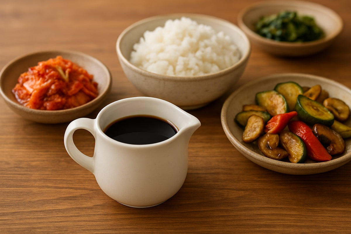 Koreanische Grillsoße in Kanne mit frischen Beilagen auf Holztisch