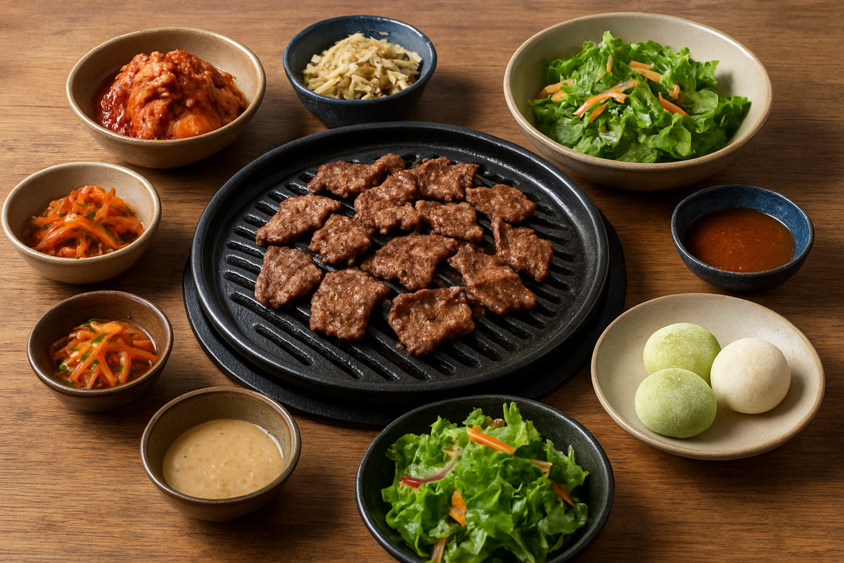 Koreanische Grillbeilagen und Dips auf einem rustikalen Holztisch bei einem Grillabend