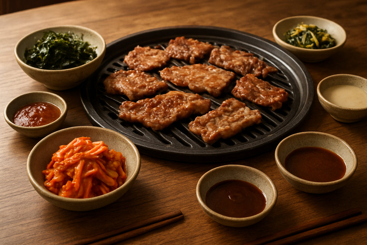 Koreanisches Grillfest zuhause mit gegrilltem Fleisch, koreanischen Snacks und Saucen auf Holztisch in gemütlicher Atmosphäre