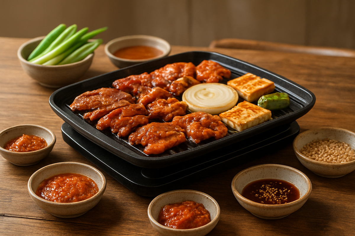 Koreanische Grillplatte mit mariniertem Fleisch, Gemüse und koreanischen Gewürzen auf einem Holztisch in einer gemütlichen Küchenszene.