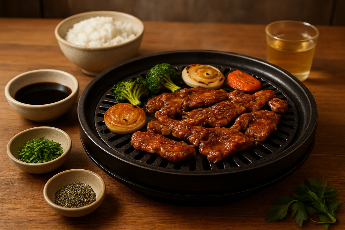 Koreanischer Grill mit mariniertem Fleisch und Gemüse, Sojasoße in Keramikschale, Reis und Tee als Beilagen in einer einladenden Küchenszene