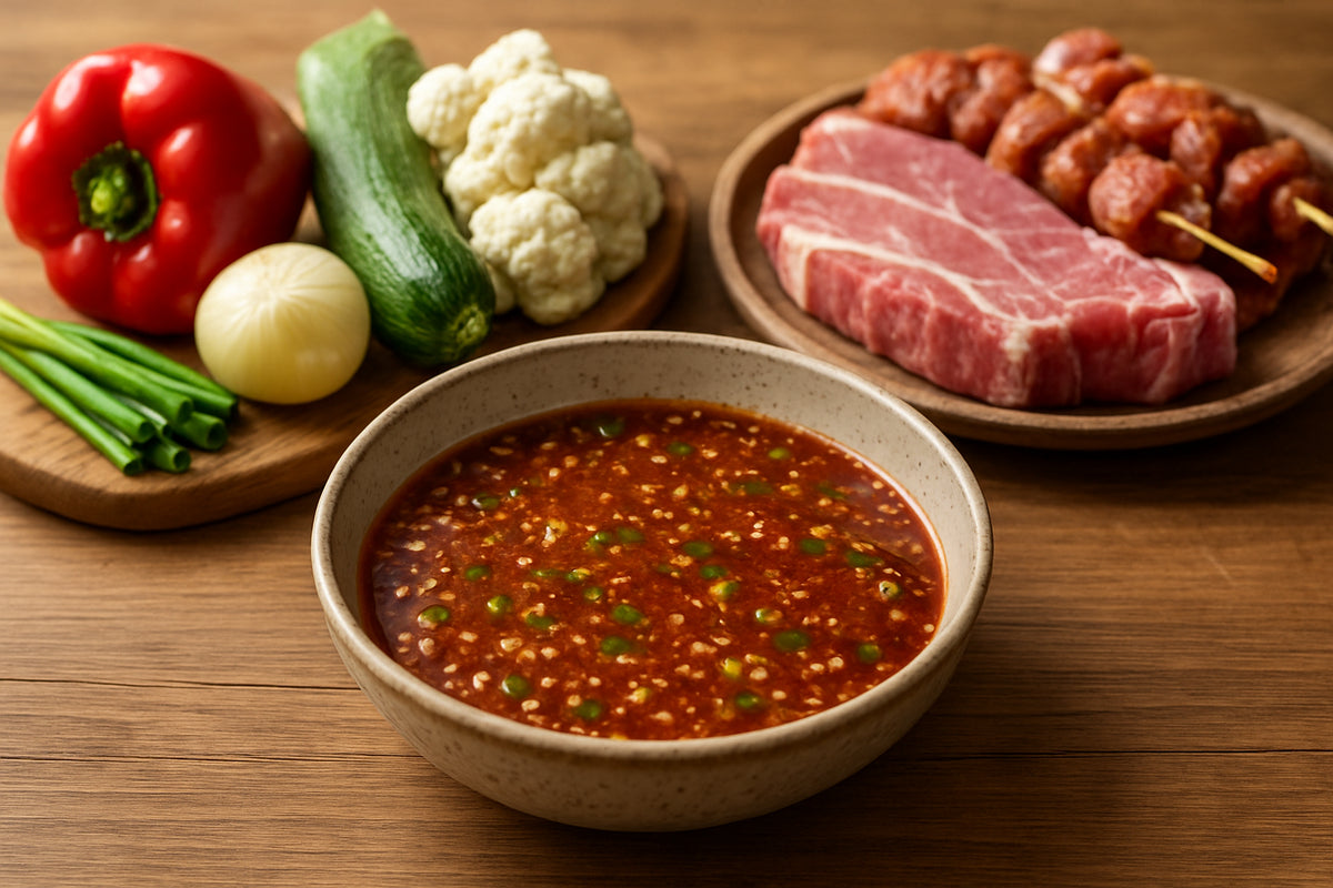 Schale mit koreanischer Grillmarinade und frischem Gemüse auf Holztisch in moderner Küche