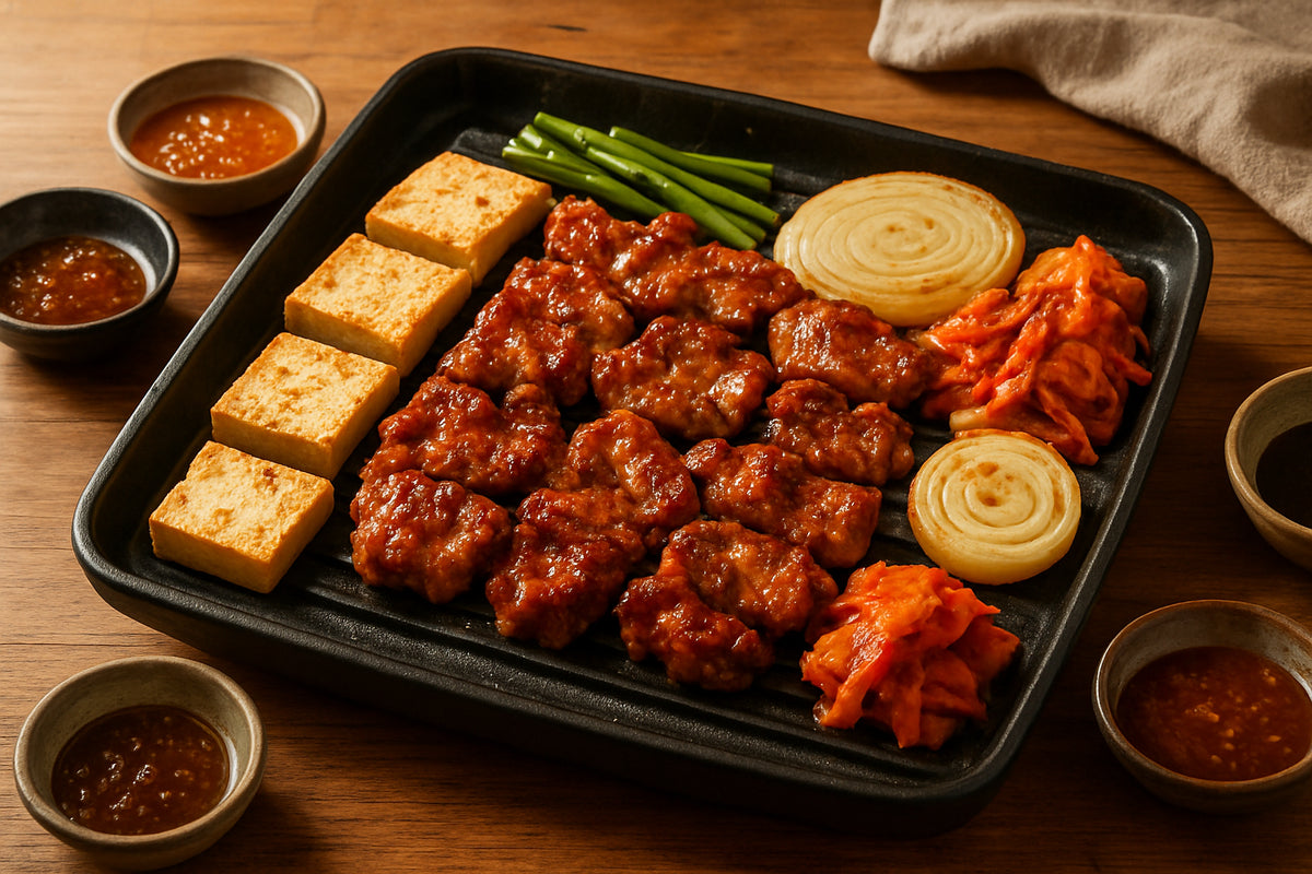 Koreanisches BBQ mit mariniertem Fleisch, Tofu, Gemüse und verschiedenen Marinaden in einer heimischen Küche.