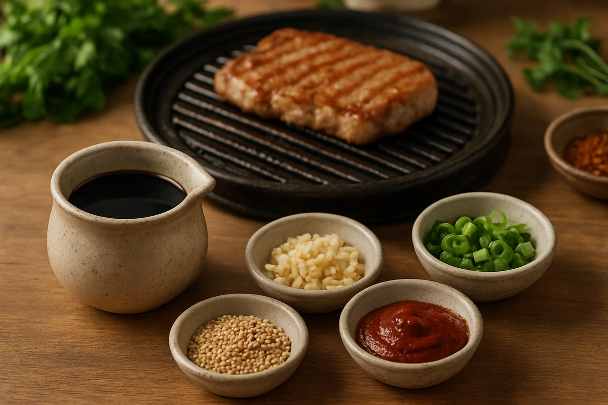 Koreanische Grillzutaten und Marinade in einer natürlichen Küchenszene mit Sojasauce, Knoblauch, Sesamsamen und Gochujang