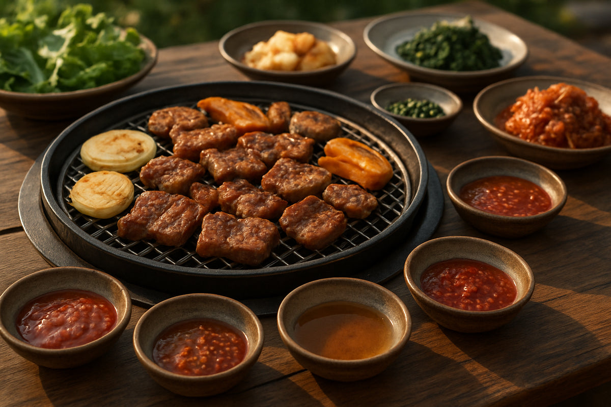 Koreanische Grillmarinaden und gegrilltes Essen auf einem Holztisch bei einer Grillparty im Freien