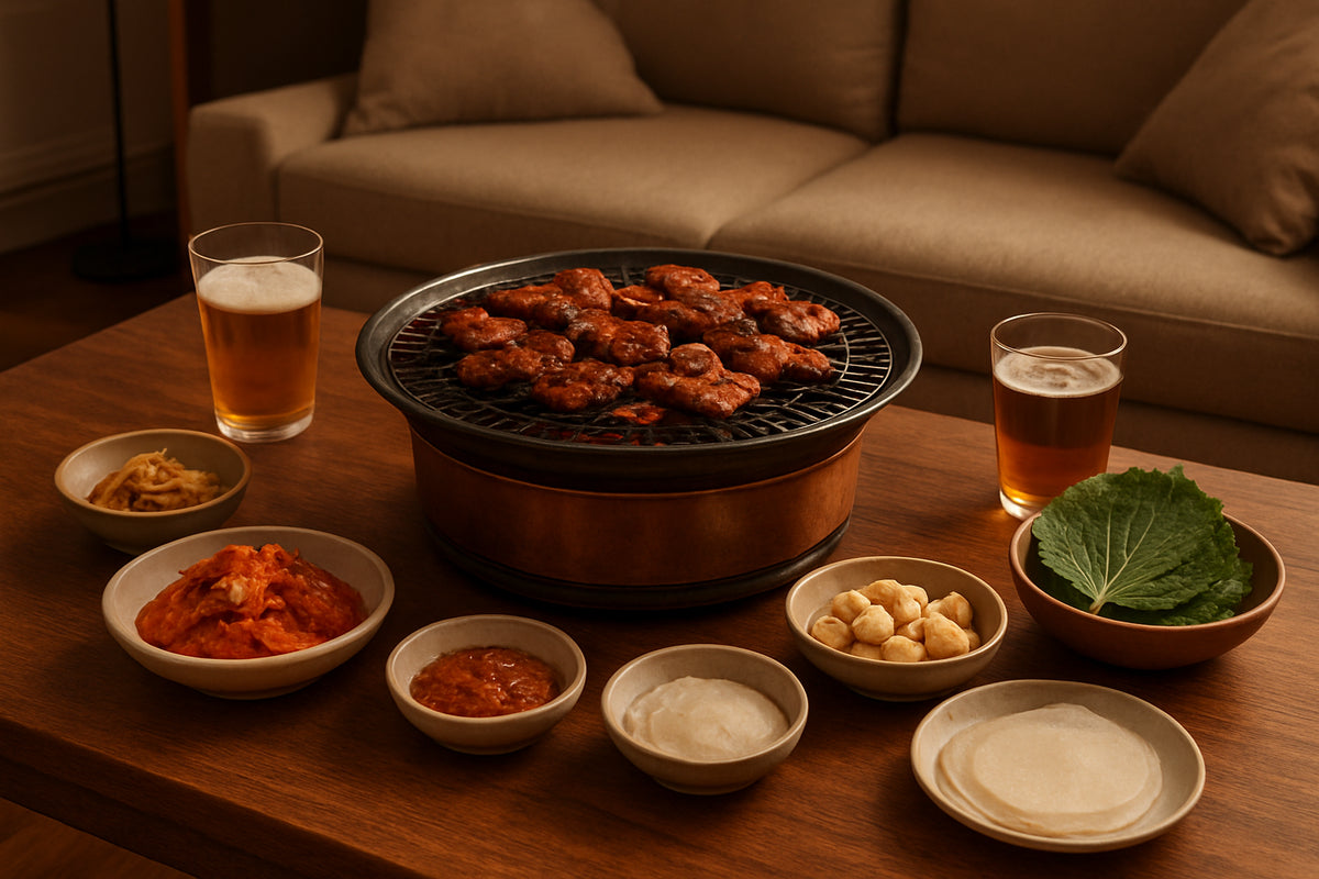 Koreanische Grillparty zuhause mit gegrilltem Fleisch und vielfältigen Beilagen auf einem gemütlichen Tisch