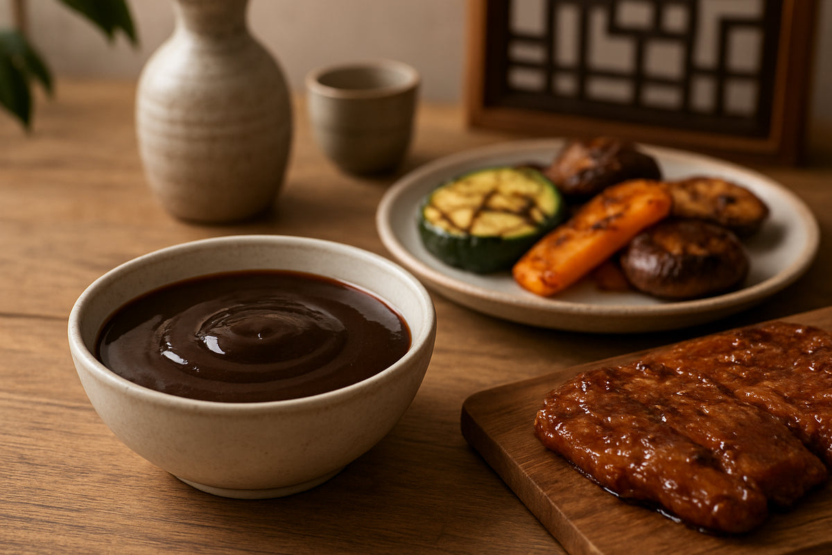 Schale mit koreanischer Grillsoße, gegrilltes Gemüse und mariniertes Fleisch auf Holzbrett in natürlicher Küchenszene