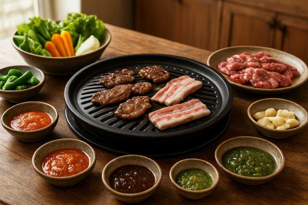 Traditioneller koreanischer Grill mit verschiedenen Grillsoßen und frischen Zutaten in einer natürlichen Küchenszene