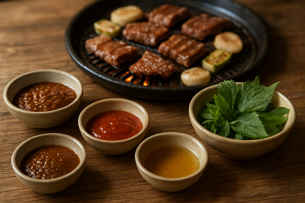 Koreanische Grillsoßen in kleinen Schalen neben gegrilltem Fleisch und Gemüse auf einem Holztisch