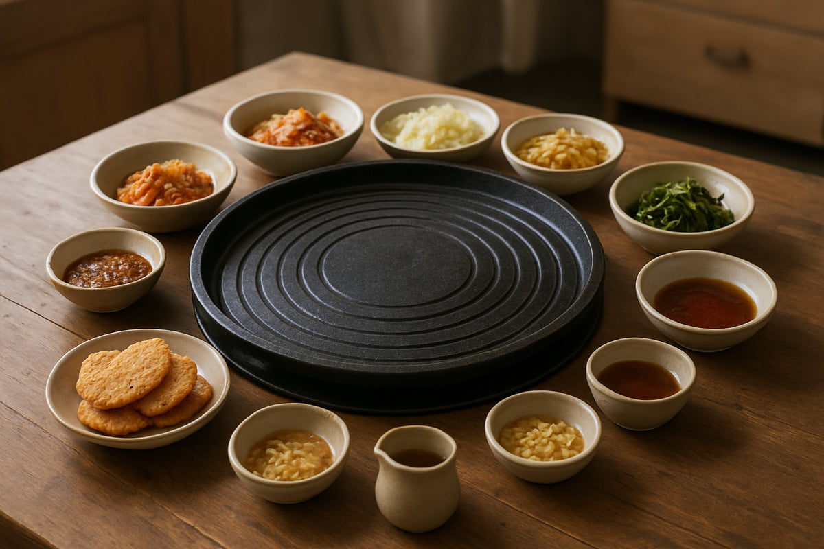 Koreanischer Grilltisch mit authentischen Zutaten und Snacks in einer gemütlichen Küchenszene