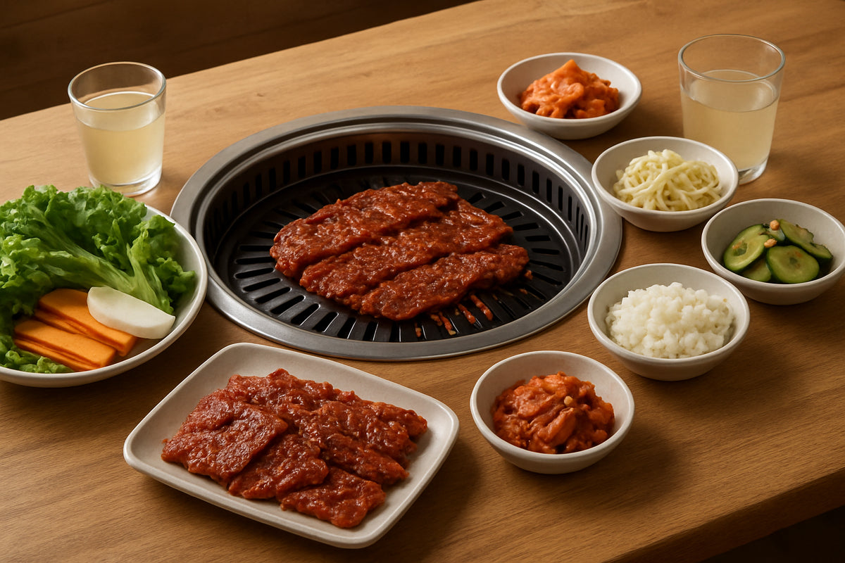 Koreanisches BBQ mit Grill, mariniertem Fleisch, Gemüse, Kimchi, Reis und Getränken in natürlicher Küchenszene
