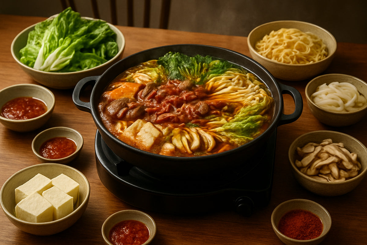 Koreanischer Hot Pot mit frischen Zutaten und Gewürzen in einer gemütlichen Küchenszene