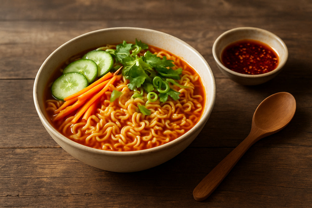 Schale koreanischer Instant-Nudeln mit frischem Gemüse und Chiliöl in einer natürlichen Küchenszene