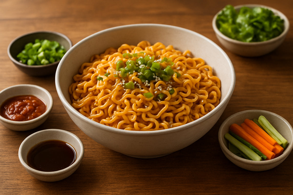 Schale koreanischer Instant-Nudeln mit Soßen und frischem Gemüse in einer einladenden Küchenszene