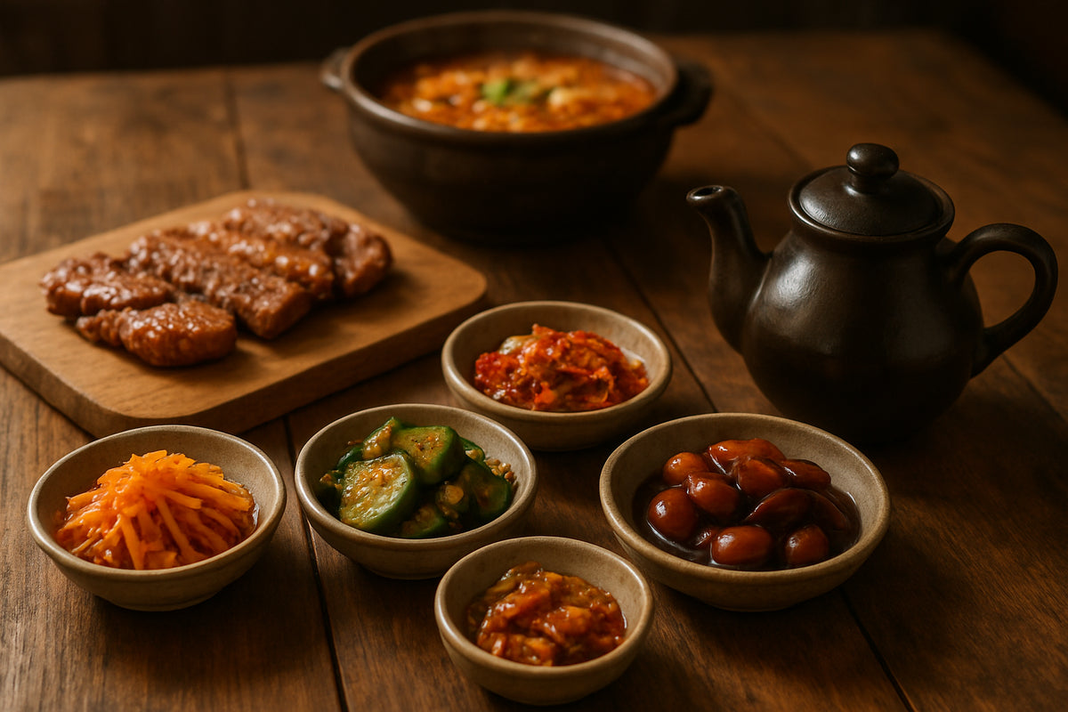 Verschiedene koreanische Pickles in kleinen Schalen neben gegrilltem Fleisch und Hot Pot in einer authentischen koreanischen Küchenszene